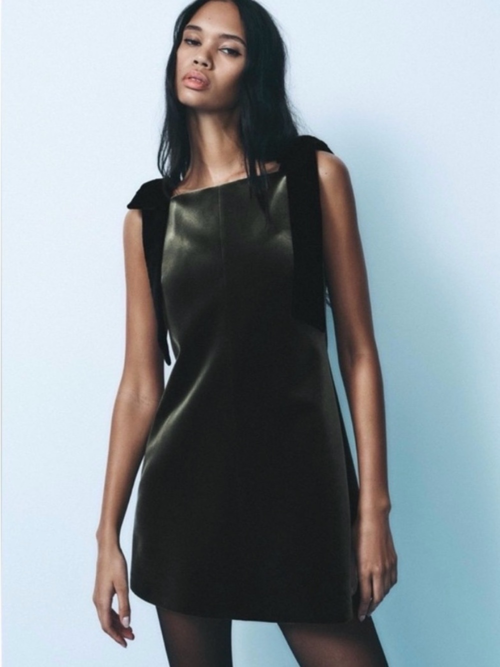 Zara Olive Green Velvet Mini Dress with Black Shoulder Bows